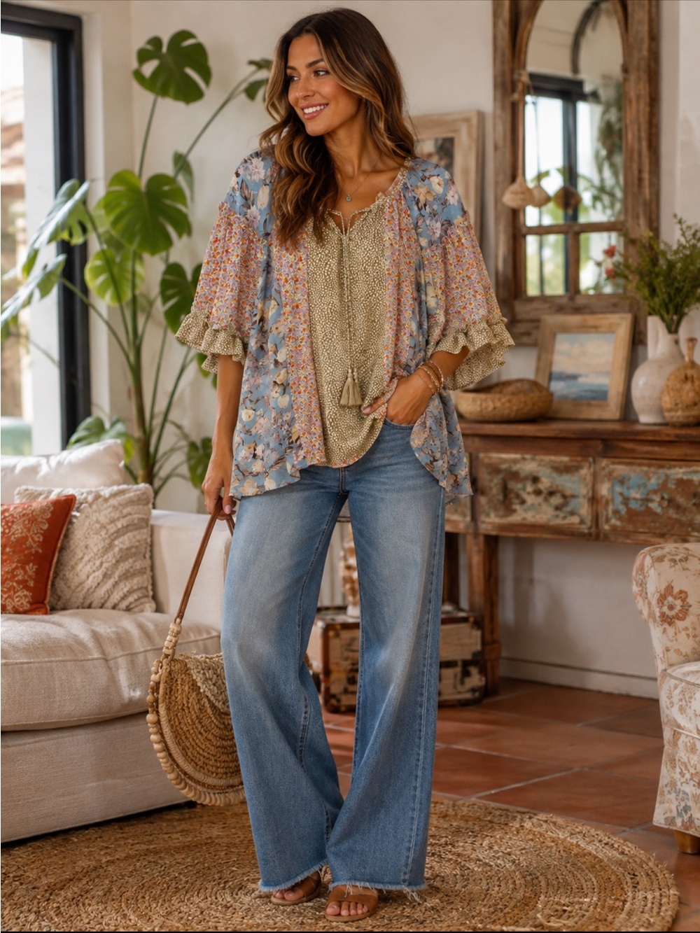 GiGio Floral Print Ruffle Sleeve Boho Top